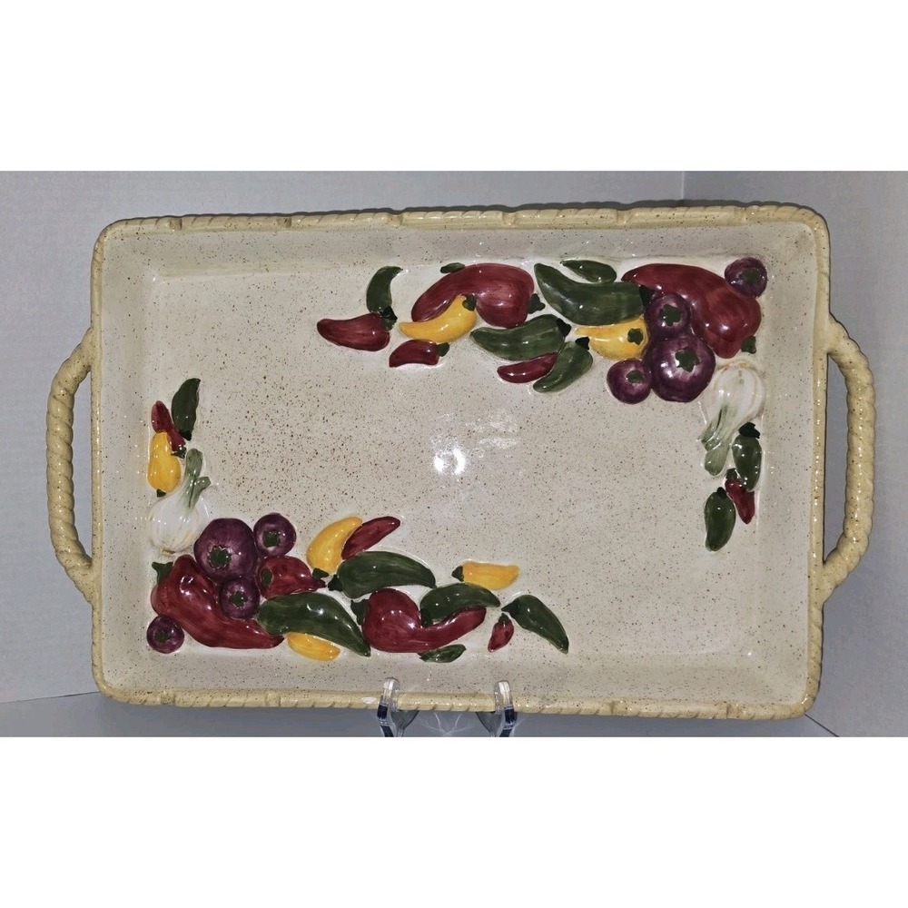 Large Ceramic Serving Platter With Handles. Peppers And Onions Design